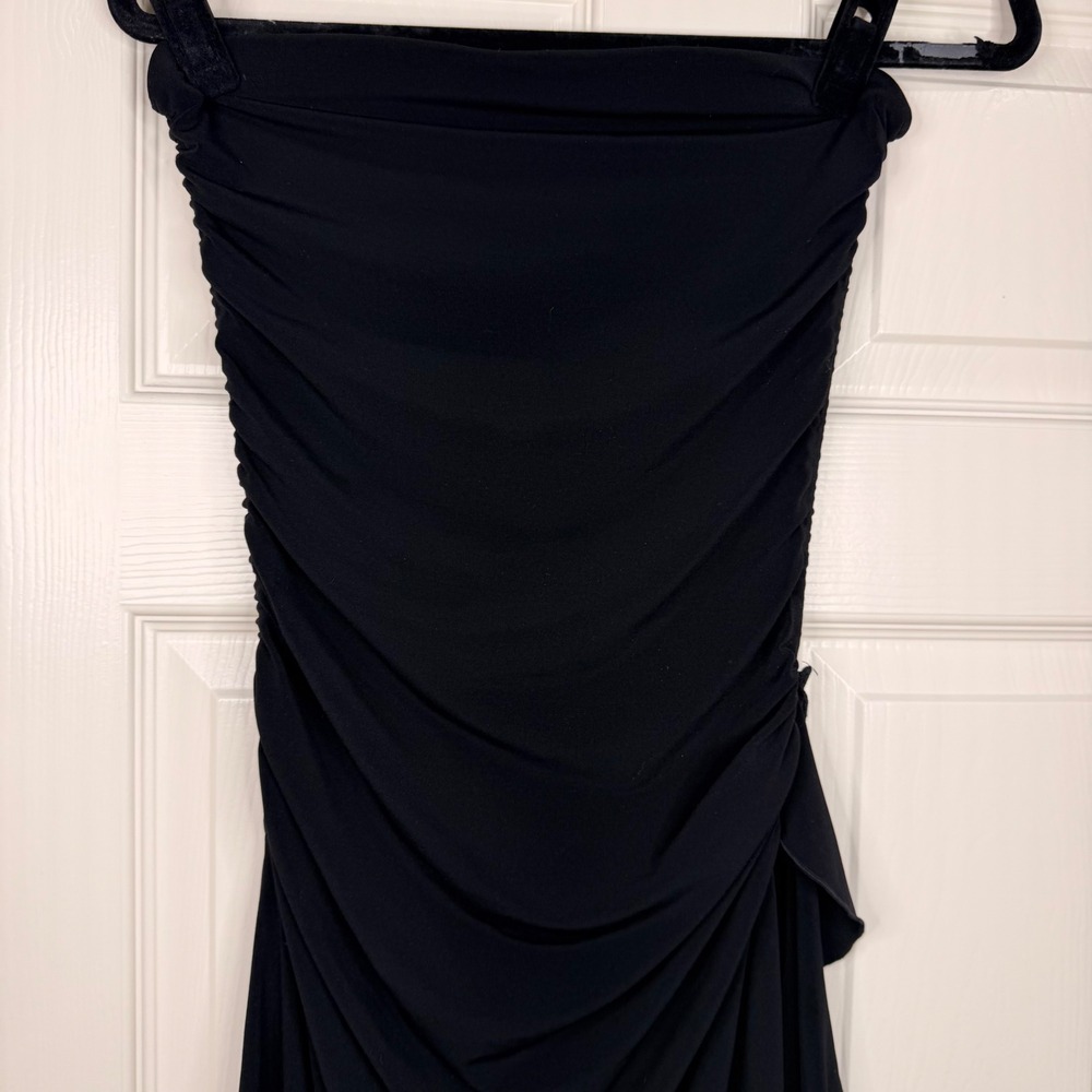 #125 XOXO Strapless Y2K Dress Sz. Medium Black Ruched Asymmetrical Ruffle - Picture 2 of 9